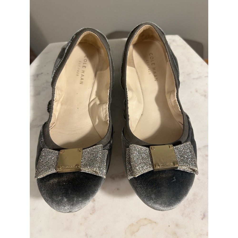 Cole Haan Tali Grey Velvet Glitter‎ Bow Ballet Flats Size 6 Womens Slip On